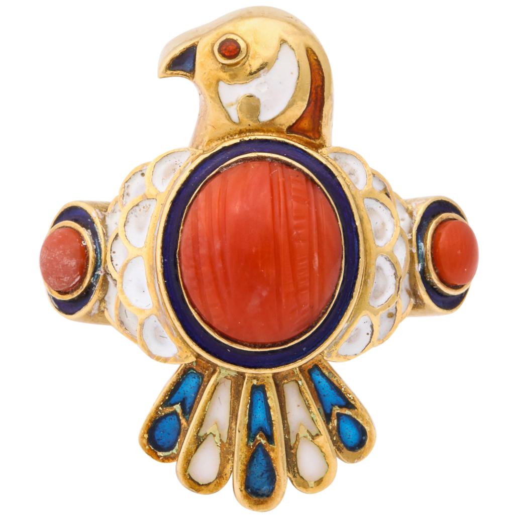 1950s Figural Bird Enamel with Coral and Ruby Gold Cocktail Ring