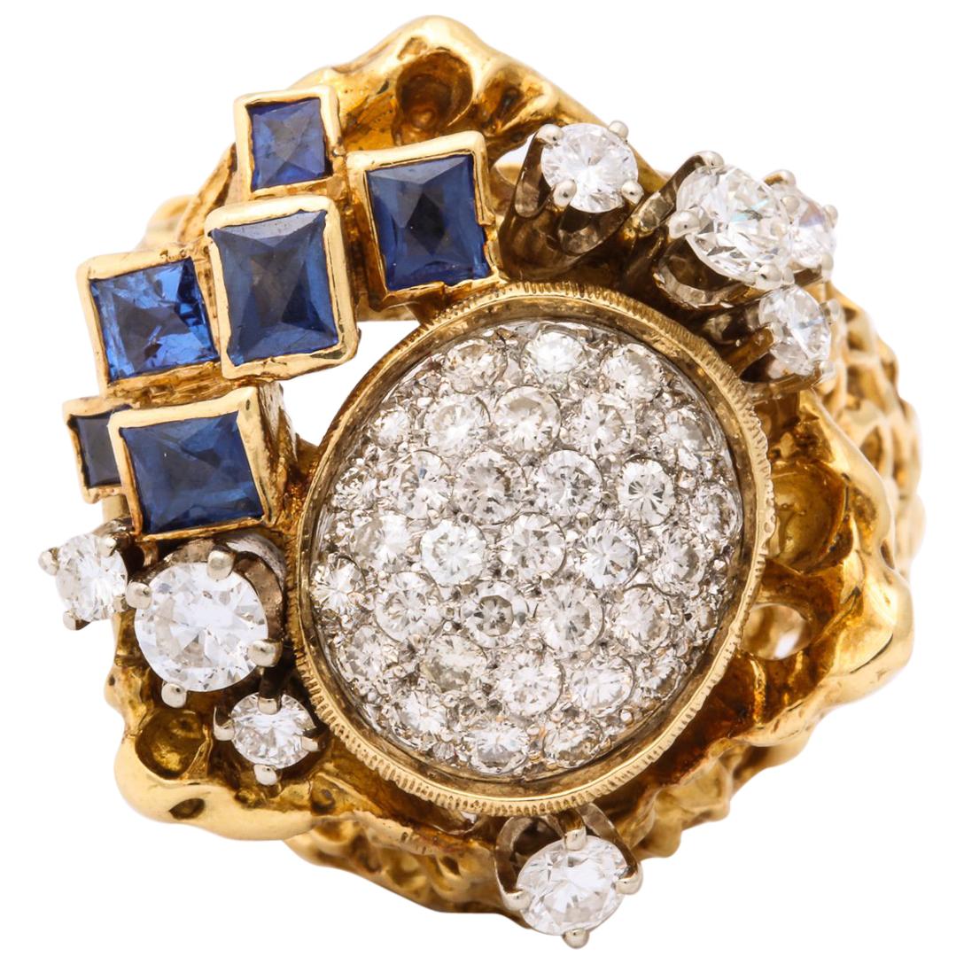 1970s Freeform Design French Cut Sapphires with Diamonds Gold Cocktail Ring