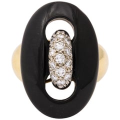 1960s Cellino Jewelers Open Onyx Link with Diamonds Gold Cocktail Ring