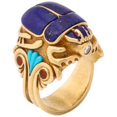 Vintage 1980s Lapis Lazuli Turquoise Citrine Diamond Figural Scarab Large Gold Ring