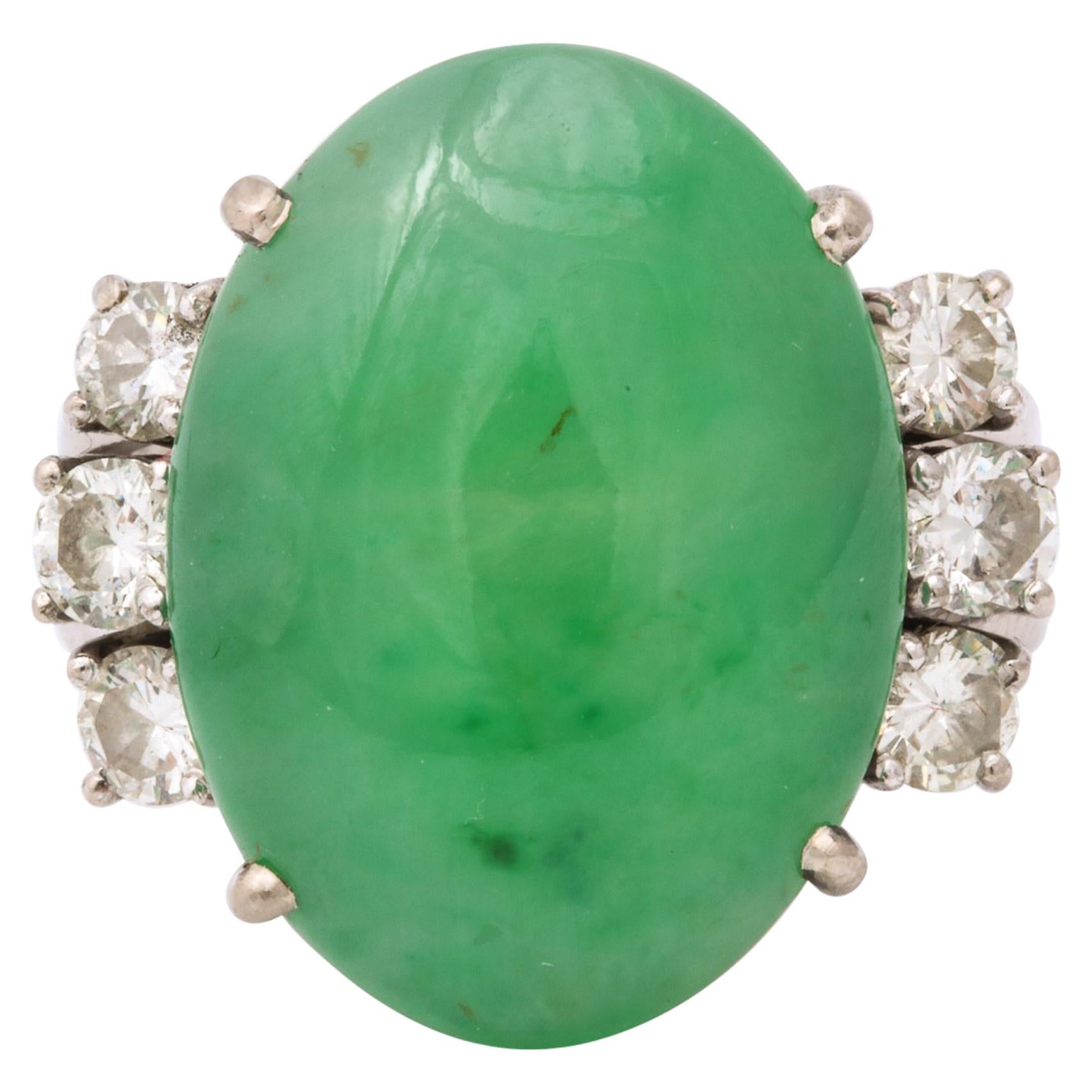 1950s Unisex Oval Cut Beautiful Color Jadeite With Diamonds White Gold Ring