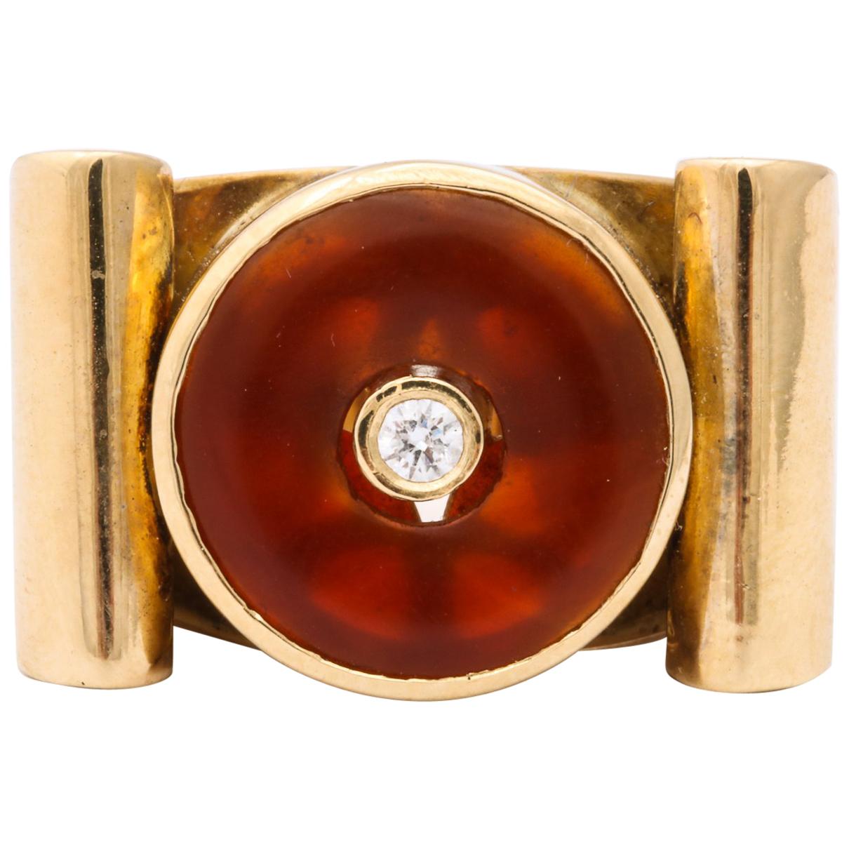 1940s Lifesaver Cut Carnelian and Diamond Retro High Style Gold Cocktail Ring