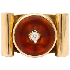 1940s Lifesaver Cut Carnelian and Diamond Retro High Style Gold Cocktail Ring