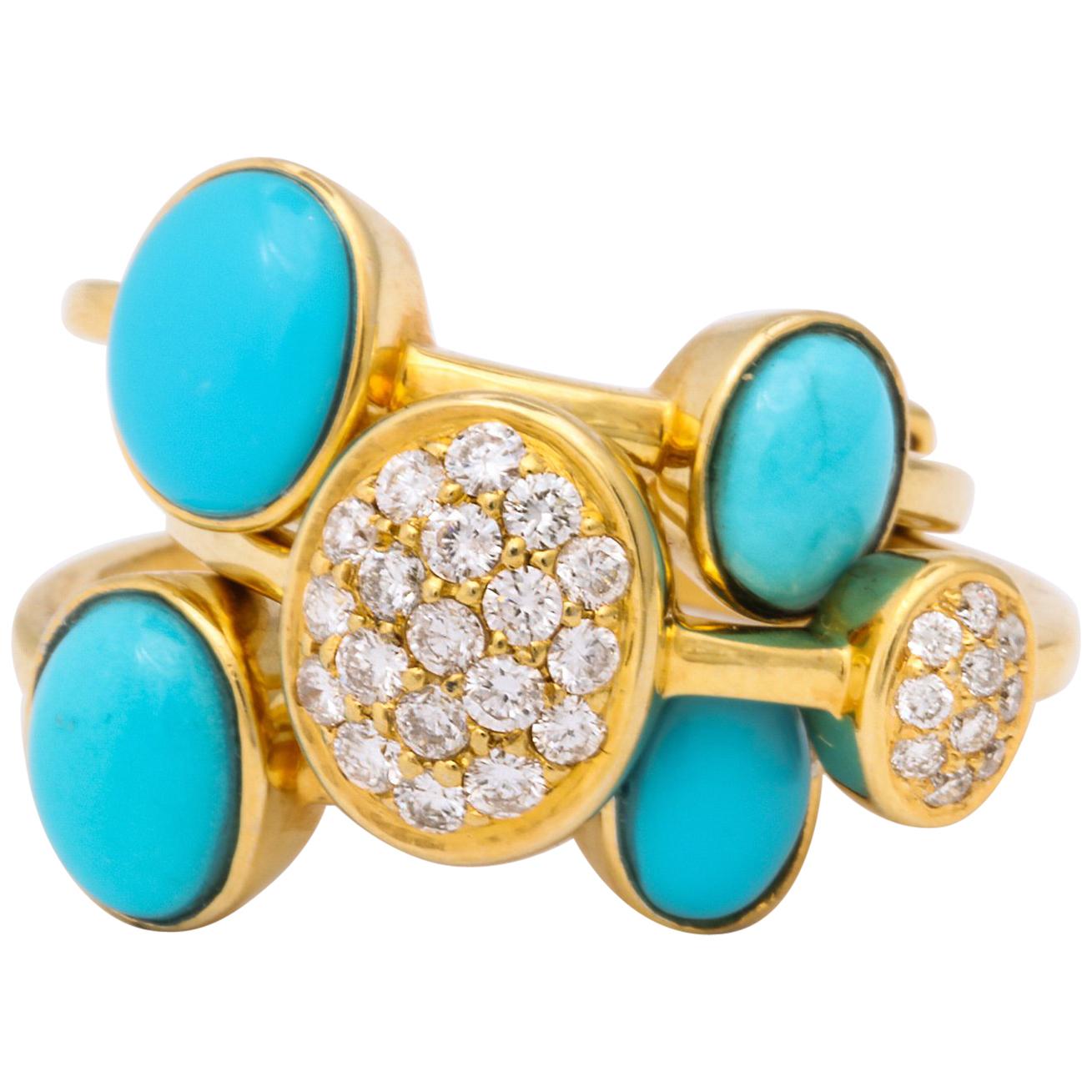 1990s Harem Style Turquoise with Diamonds Triple Flexible Gold Band Rings For Sale