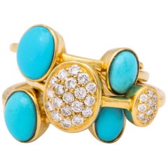 Retro 1990s Harem Style Turquoise with Diamonds Triple Flexible Gold Band Rings