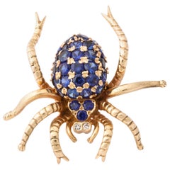 Vintage 1970s Figural Spider Sapphire and Diamond Gold Brooch