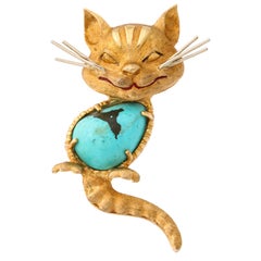 Vintage 1950s Cartier Italy Whimisical Kitty Cat Turquoise and Gold Brooch Pin