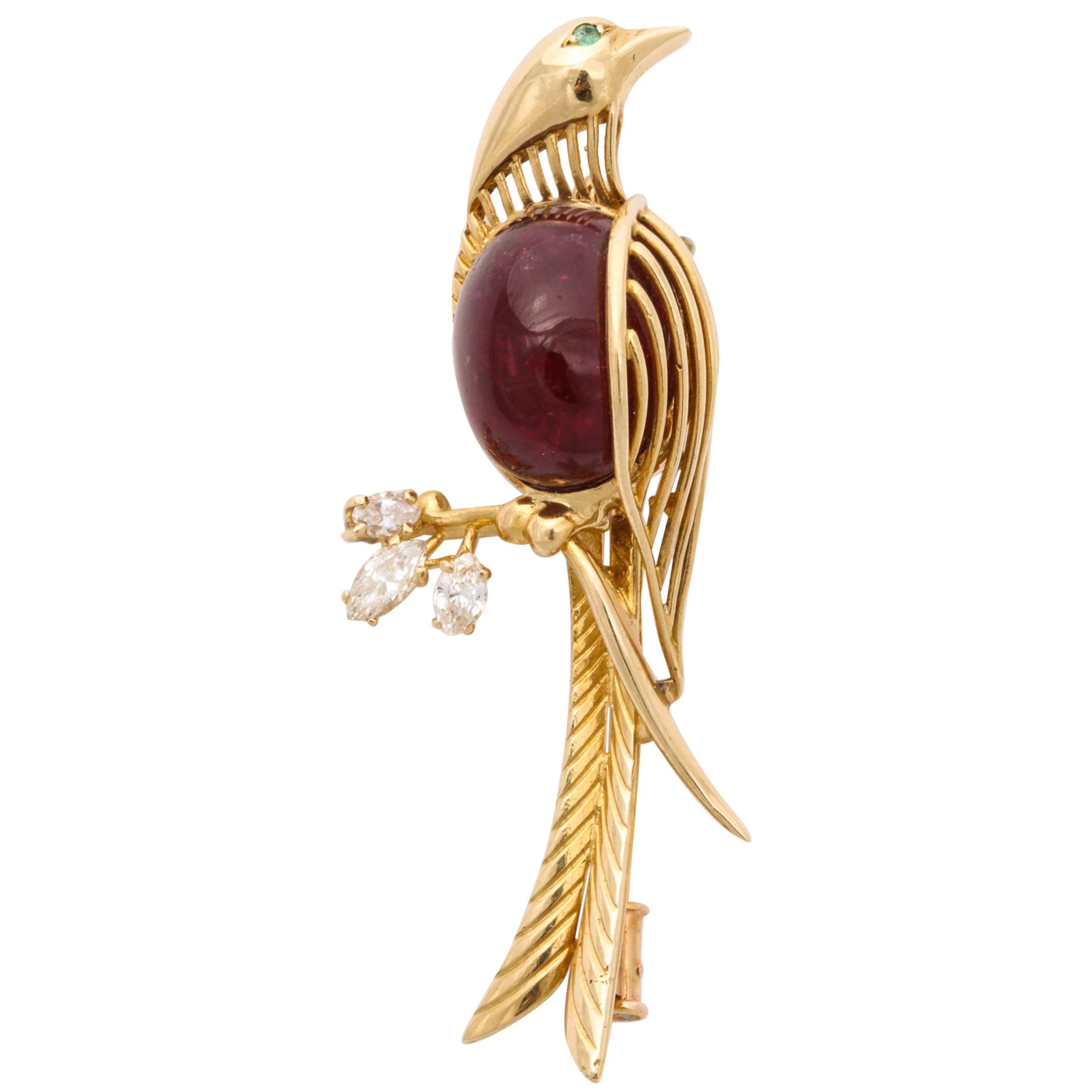1950s Figural Canary Bird Rubelite, Diamond and Emerald Gold Lapel Brooch