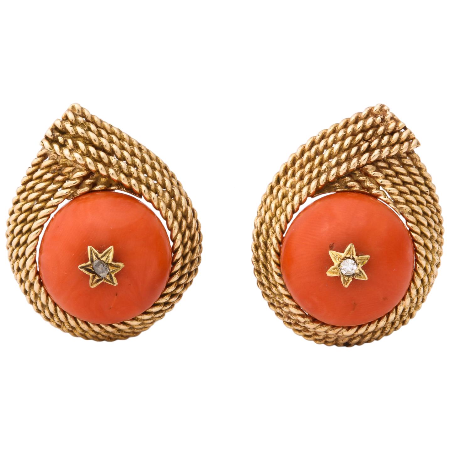1950s Five-Row Textured Gold Rope Design Coral and Diamond Clip-On Earrings