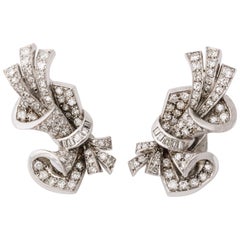 1950s Spray Design Baguette with Round Diamonds Platinum Clip-On Earrings