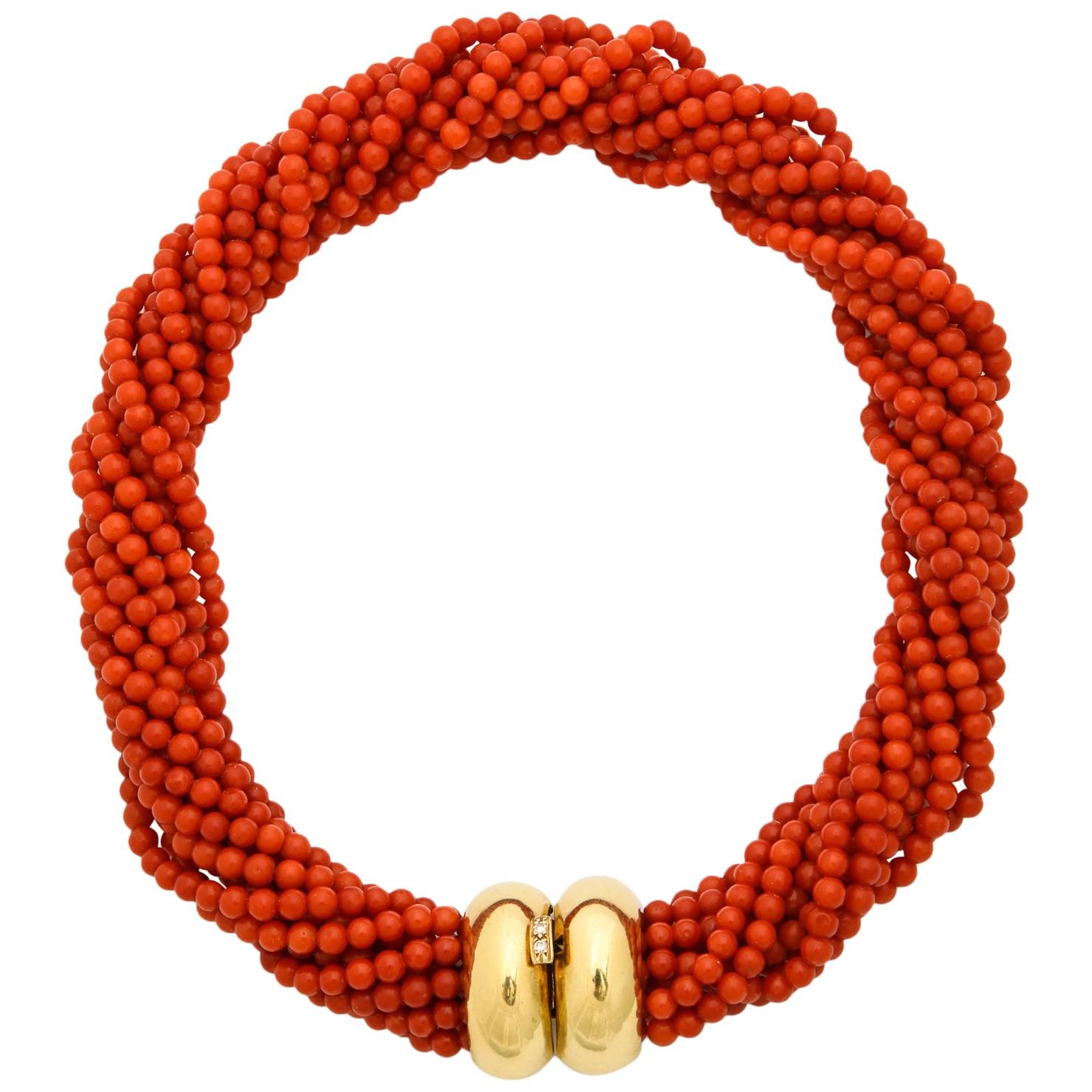 1960s Multi-Strand Coral and Gold and Diamond Torsade Choker Necklace