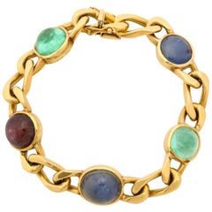 1980s Bezel Set Cabochon Ruby, Emerald and Sapphire Gold Link Bracelet