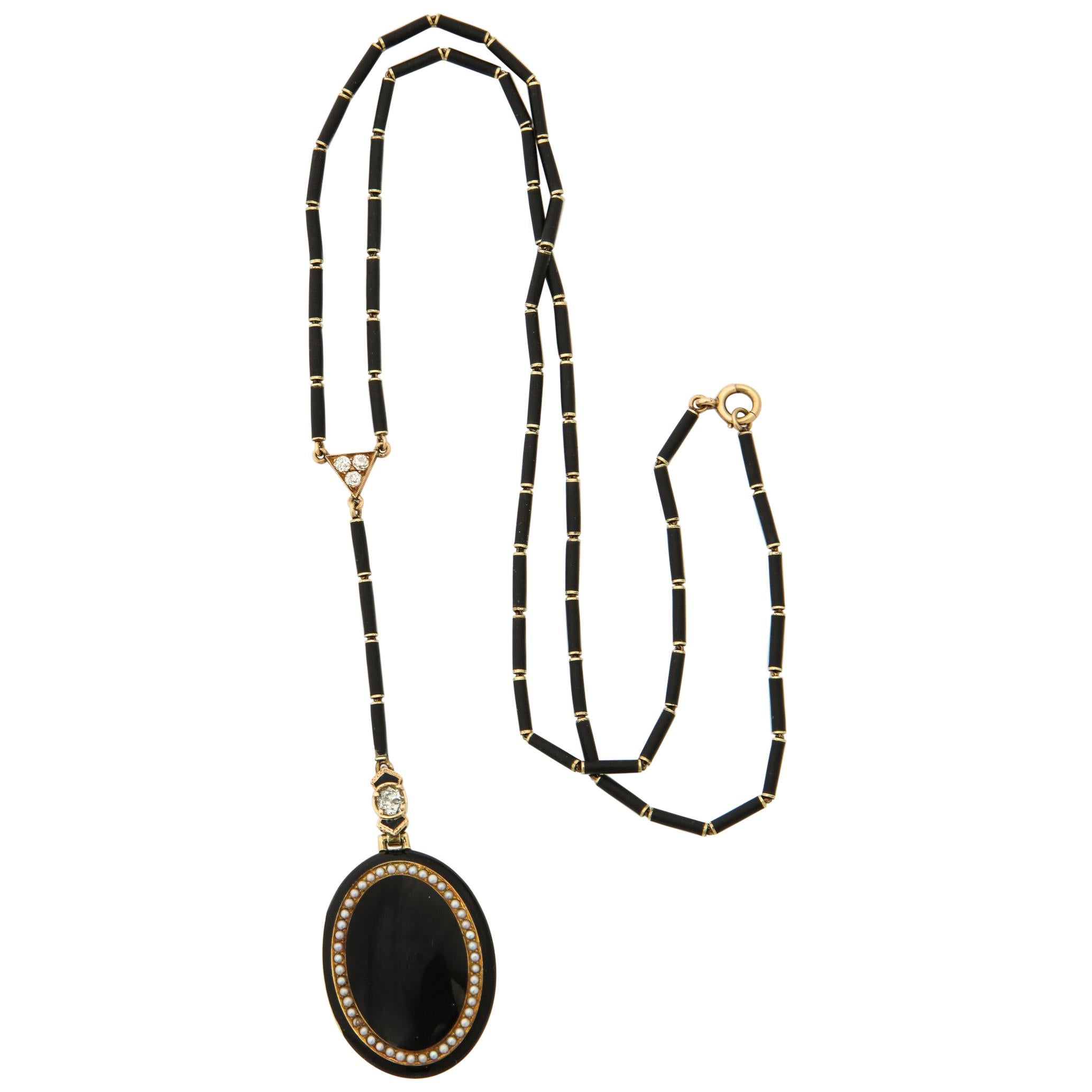 1920s Art Deco Black Enamel with Seed Pearls and Diamonds Gold Locket Necklace