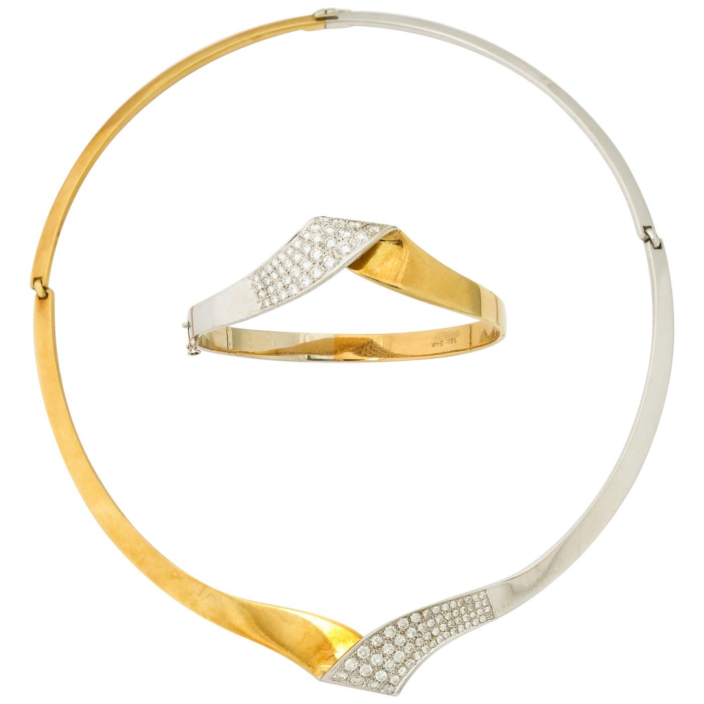 1980s Chic Diamond with White and Yellow Gold Bracelet/Necklace Combination Set