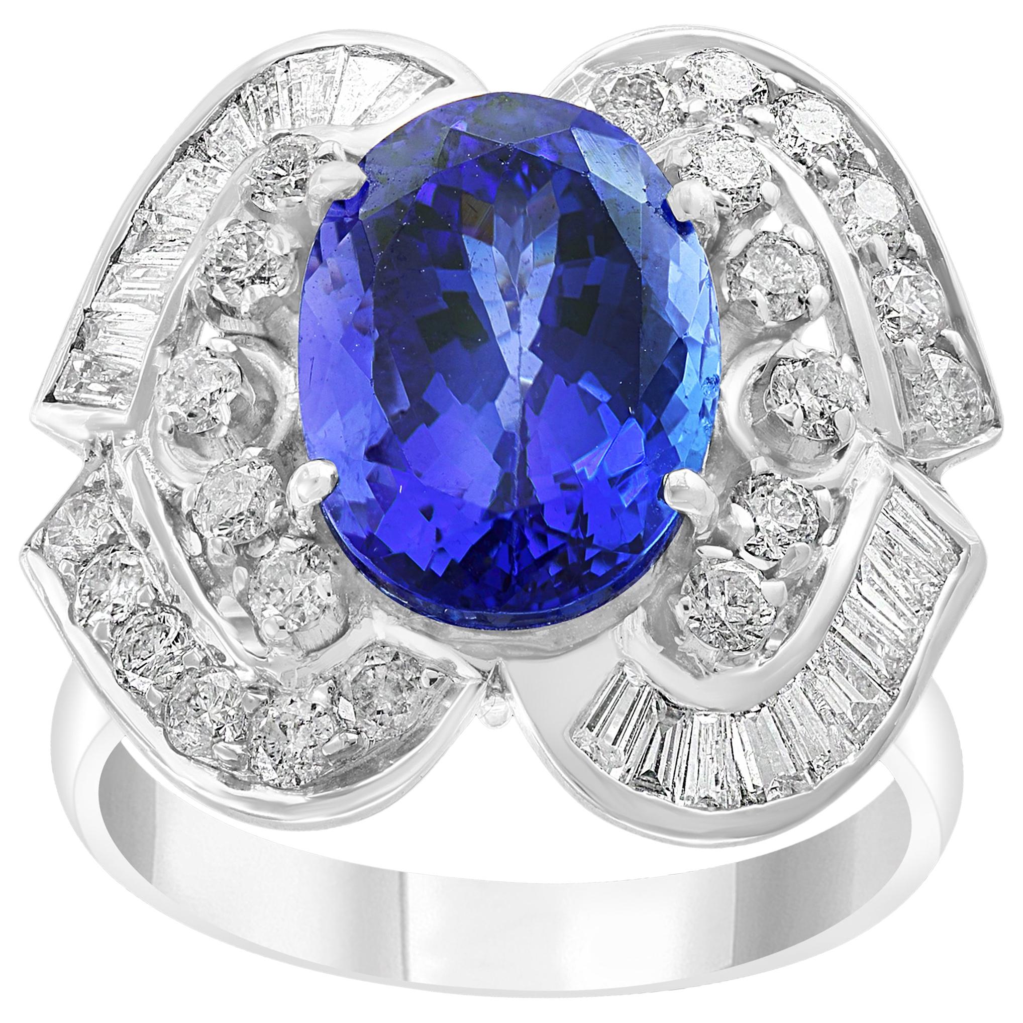 5.38 Carat Oval Tanzanite and Diamond Ring 18 Karat White Gold, Estate For Sale