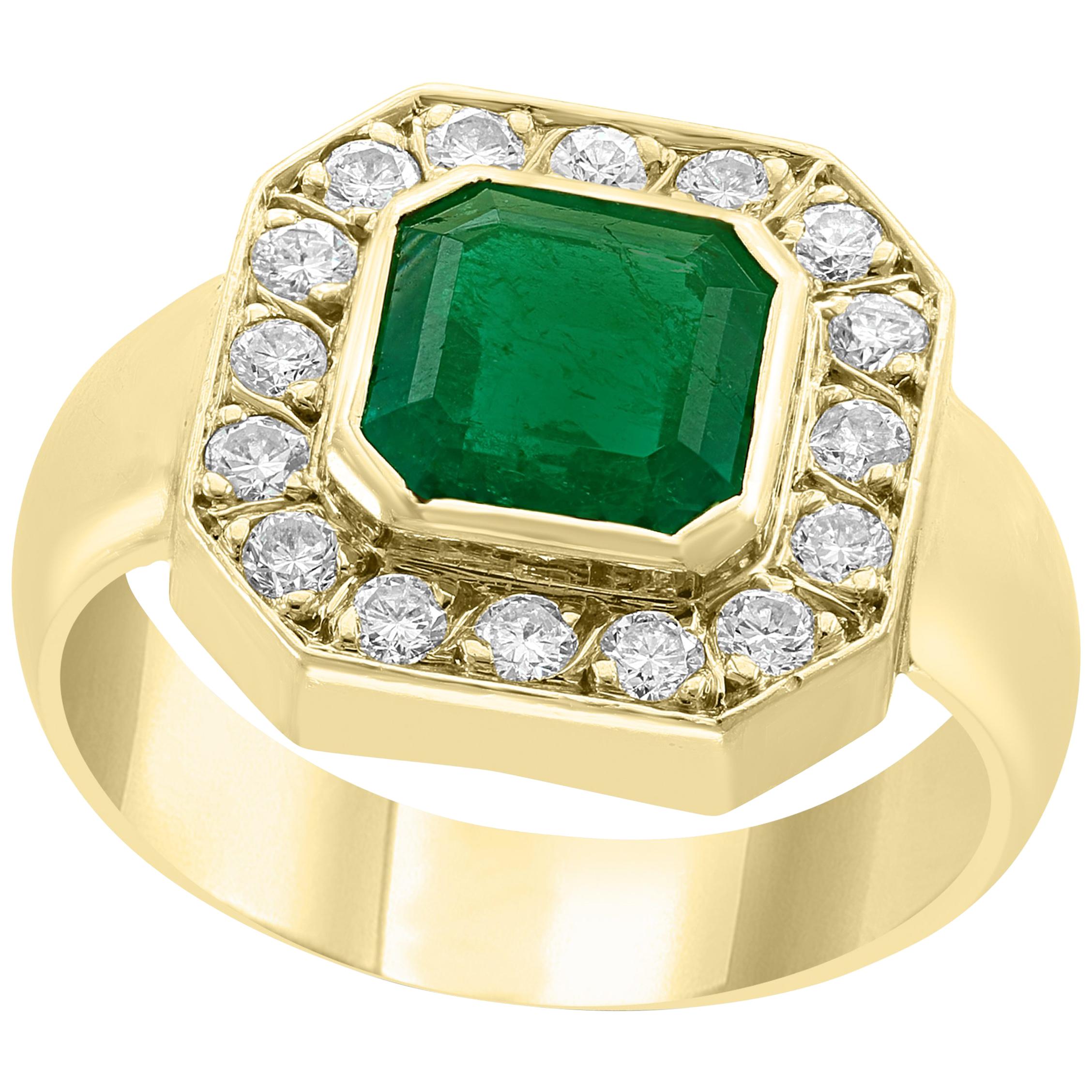 AGL Certified 2.25 Ct Minor Traditional Colombian Emerald Diamond 18 K Men Ring