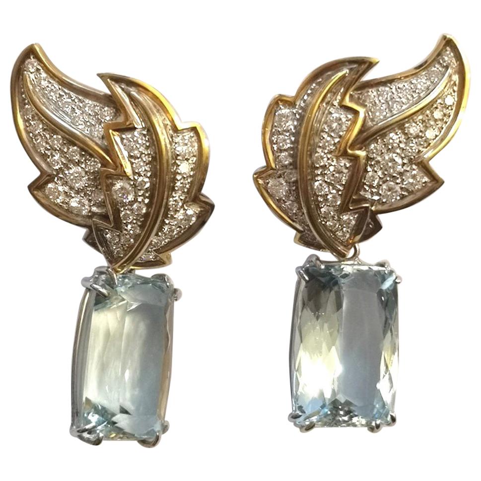 27.00 Carat Aquamarine 1.00 Carat Diamond 18 Karat White Gold Drop Earrings For Sale