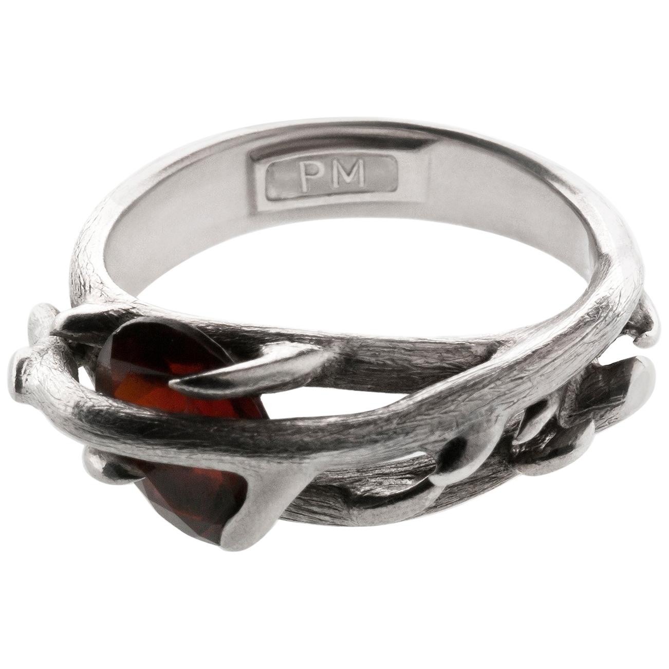 Contemporary Wild Rose Sterling Silver Ring by the Artist with Garnet