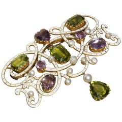 Edwardian Enamel, Peridot, Pearl and Amethyst 18 Carat Gold Suffragette Brooch