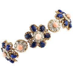 Pink Corals, Diamonds, Lapis, Rose Gold Flowery Bracelet