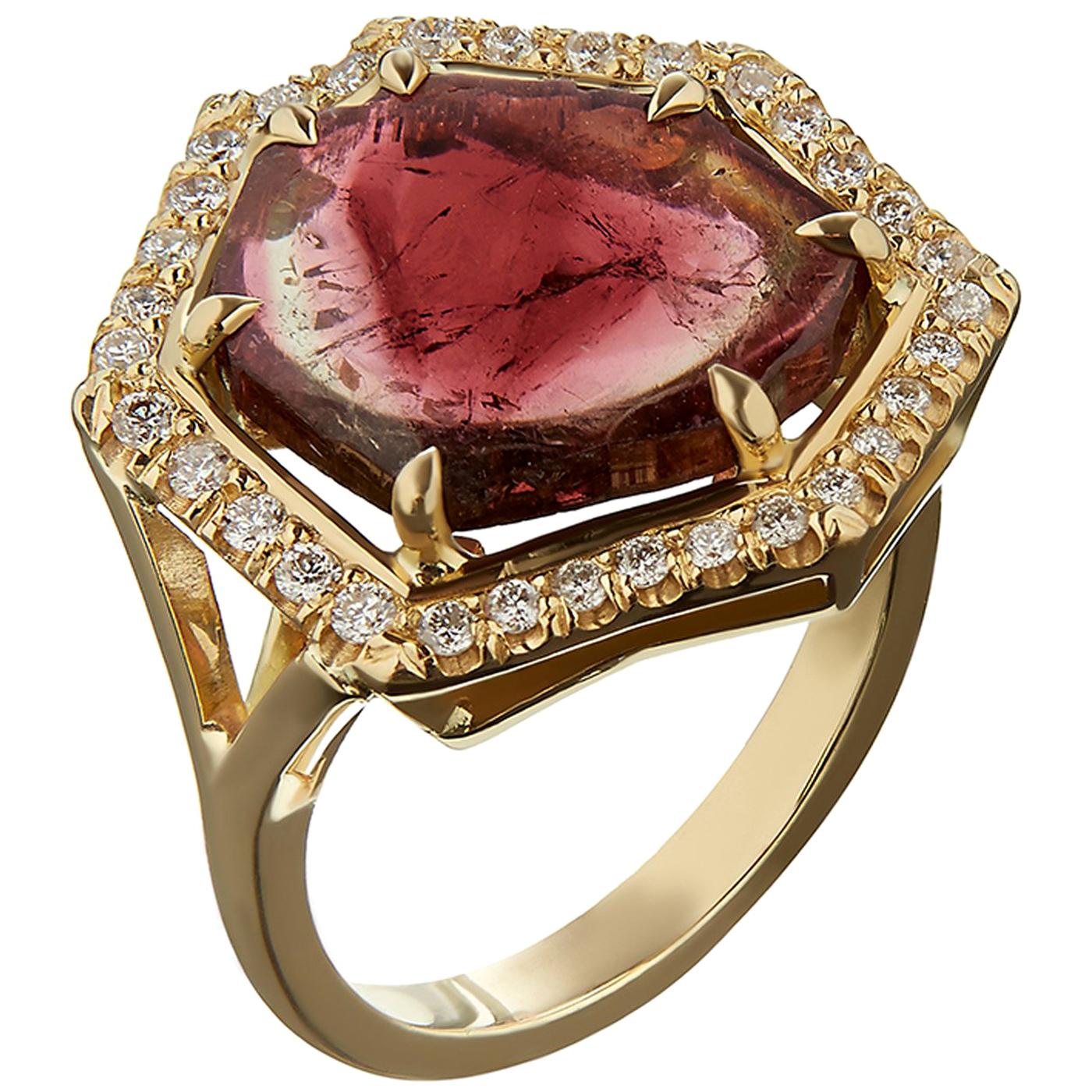 18ct Yellow Gold, Diamond and Watermelon Tourmaline Slice Cocktail Ring For Sale