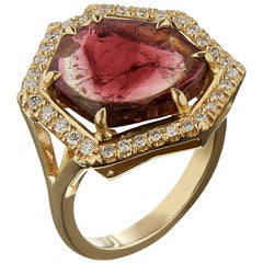 18ct Yellow Gold, Diamond and Watermelon Tourmaline Slice Cocktail Ring