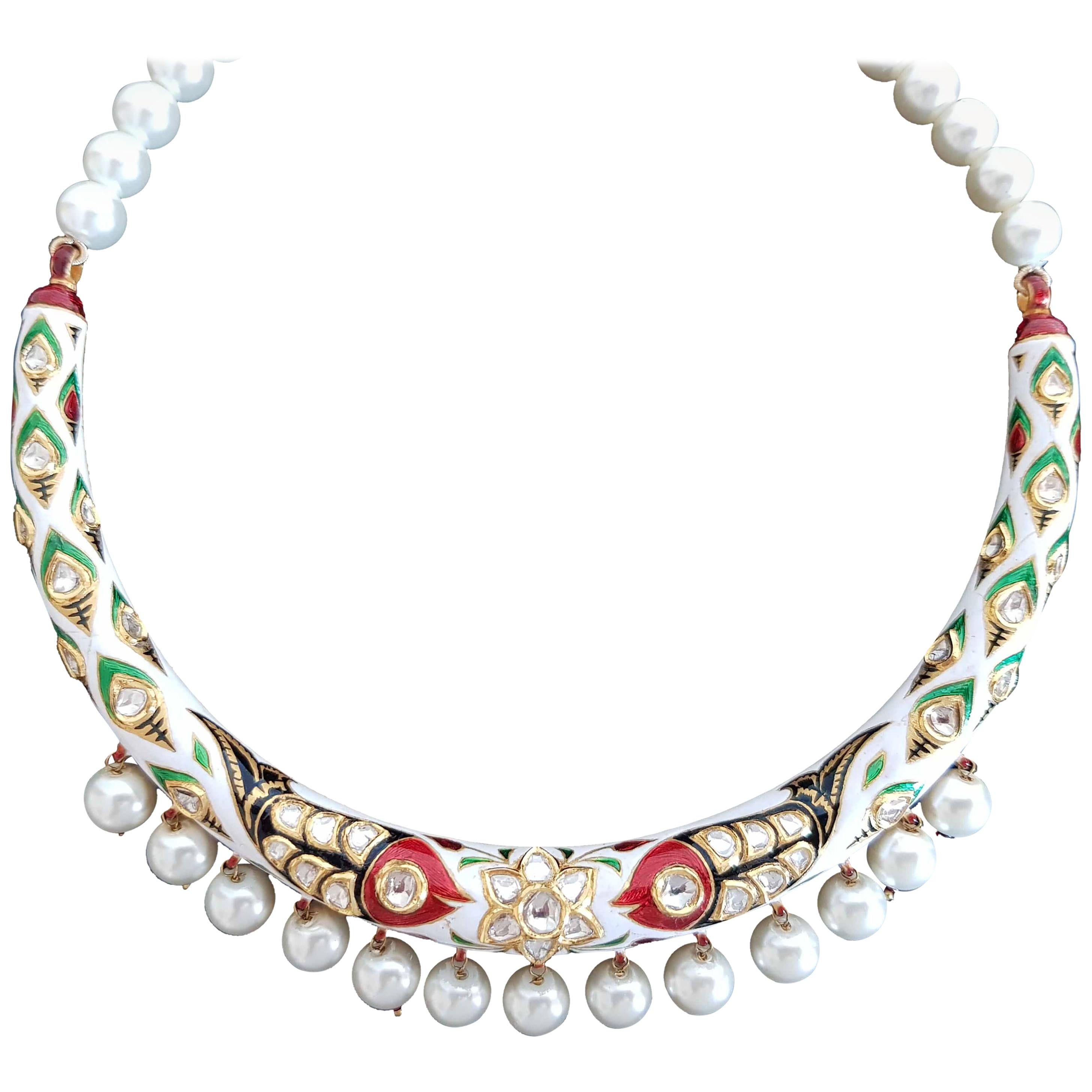 Manjrie Enamel Uncut Diamond Pearl 22 Karat Gold Necklace For Sale