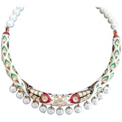 Manjrie Enamel Uncut Diamond Pearl 22 Karat Gold Necklace