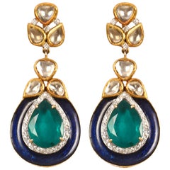 Manjrie Pearl Diamond Blue Enamel 18K Gold Artisan Dangle Earrings