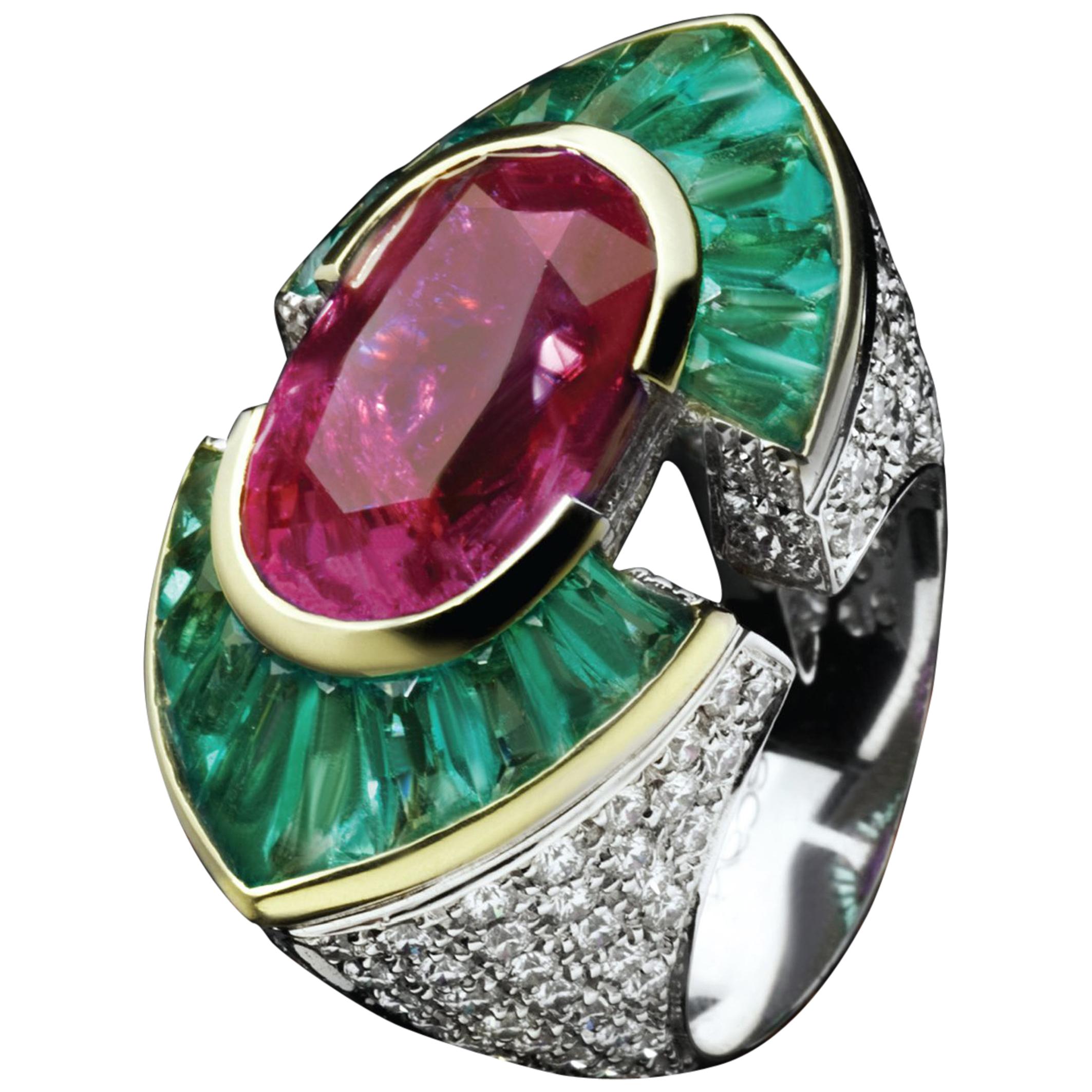 9.25 Not Heated Burma Ruby Certified White Pave Diamond  Emerald Cocktail Ring For Sale