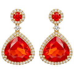Kiki McDonough 18 Carat Yellow Gold Fire Opal and Diamond Drop Earrings