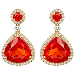 Kiki McDonough 18 Carat Yellow Gold Fire Opal and Diamond Drop Earrings