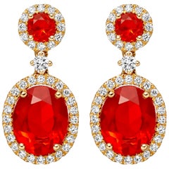Kiki McDonough 18 Carat Yellow Gold Fire Opal Round and Oval Drop Earrings