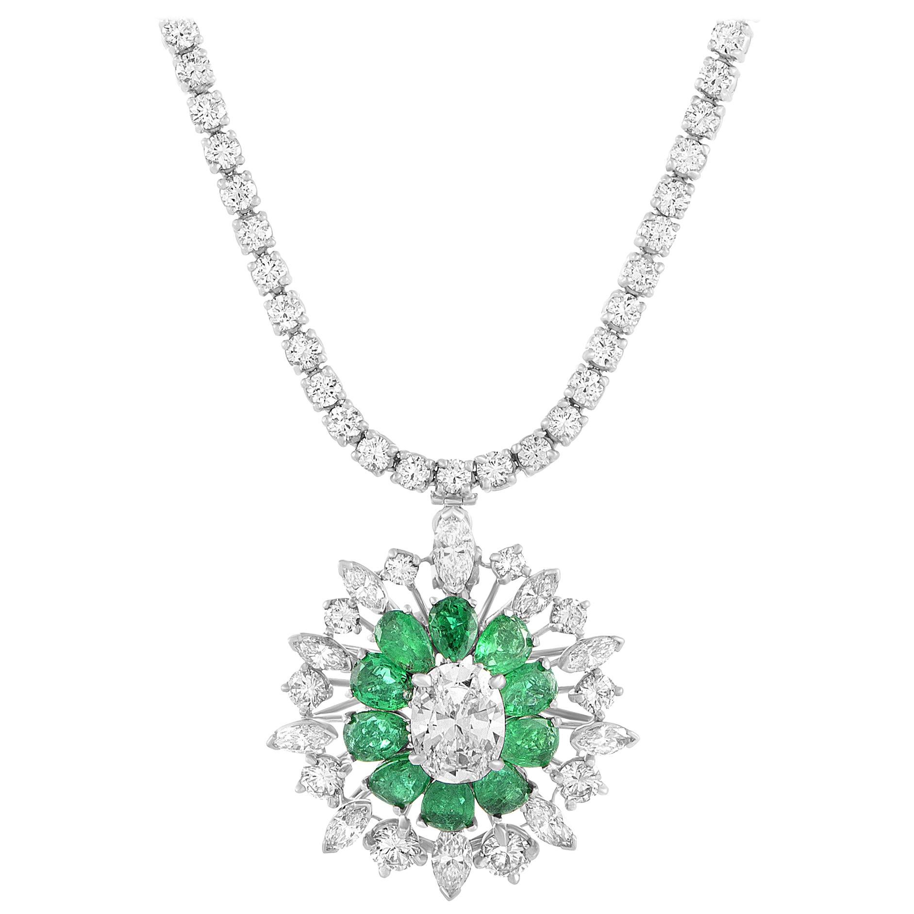 Oscar Heyman Diamond Pave and Emerald Round Platinum Pendant Necklace