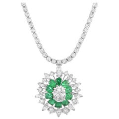 Oscar Heyman Diamond Pave and Emerald Round Platinum Pendant Necklace