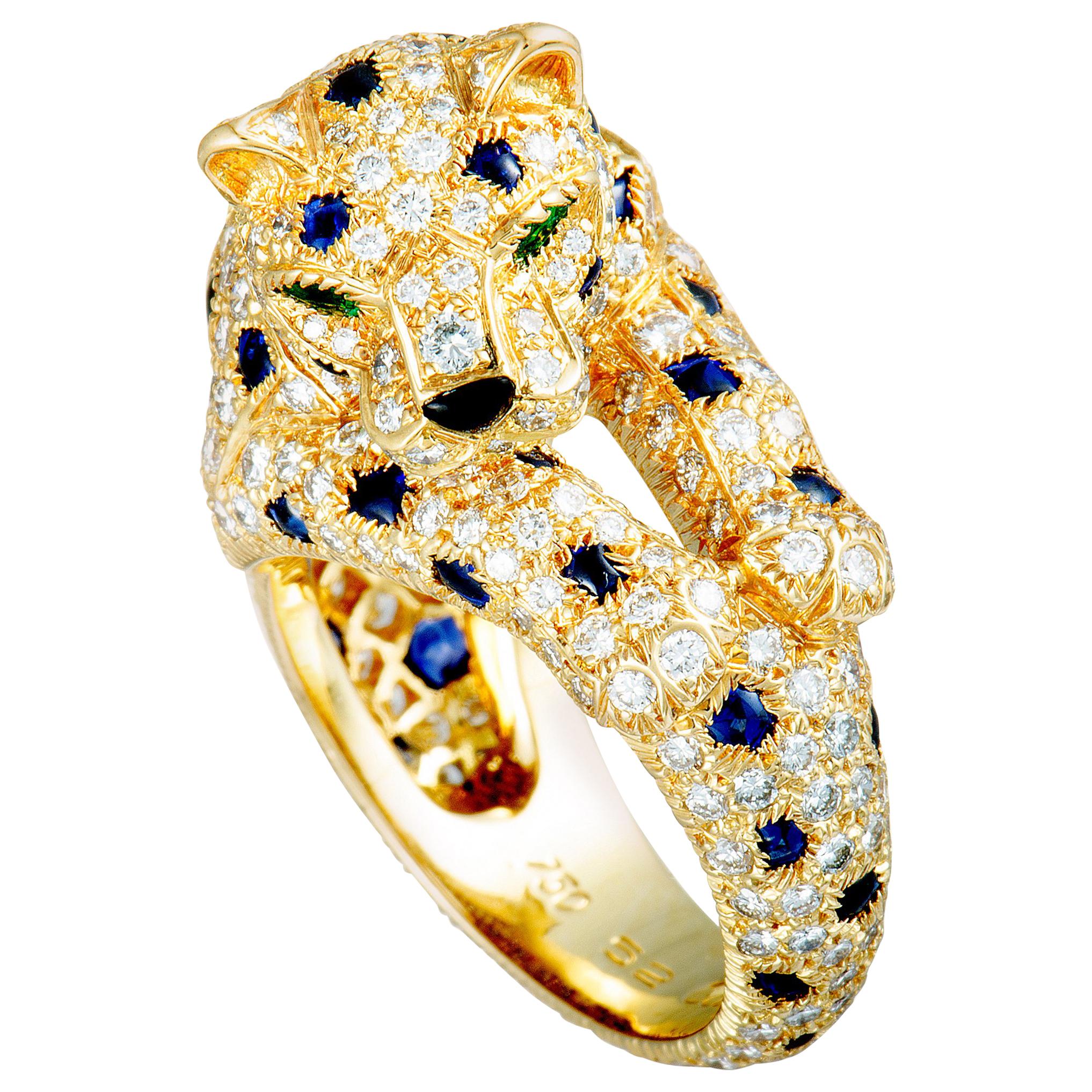 Cartier Panthère Diamond Pave, Sapphires, Emeralds and Onyx Yellow Gold Ring