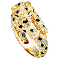 Cartier Panthère Diamond Pave, Sapphires, Emeralds and Onyx Yellow Gold Ring