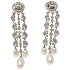 Used White Round Brilliant Diamond And White South Sea Pearl Earrings In 18k Gold. 