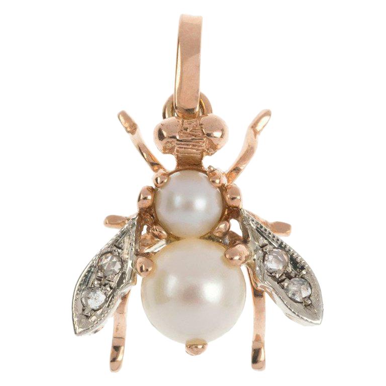 Handcrafted Italian 9 Carat Rose Gold Pearl and Diamond Bee Pendant For Sale