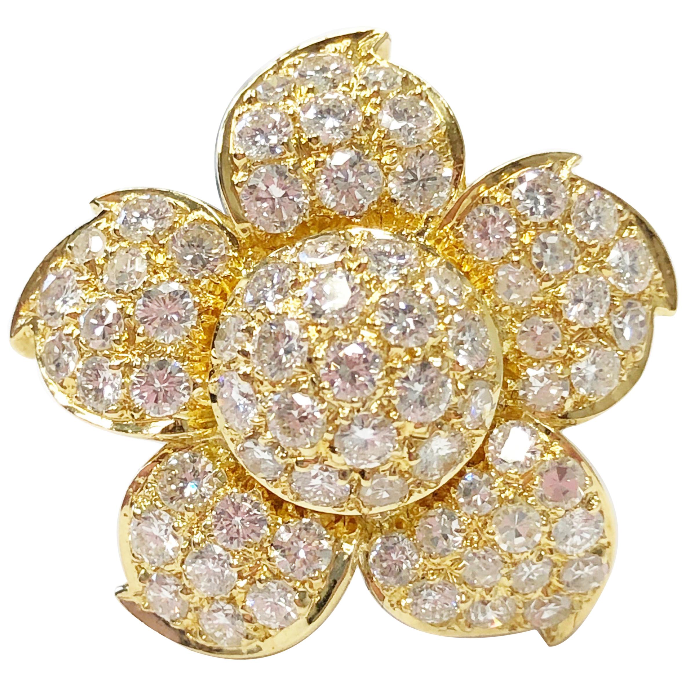 Pave White Diamond Flower Cocktail Ring in 18 Karat Yellow Gold