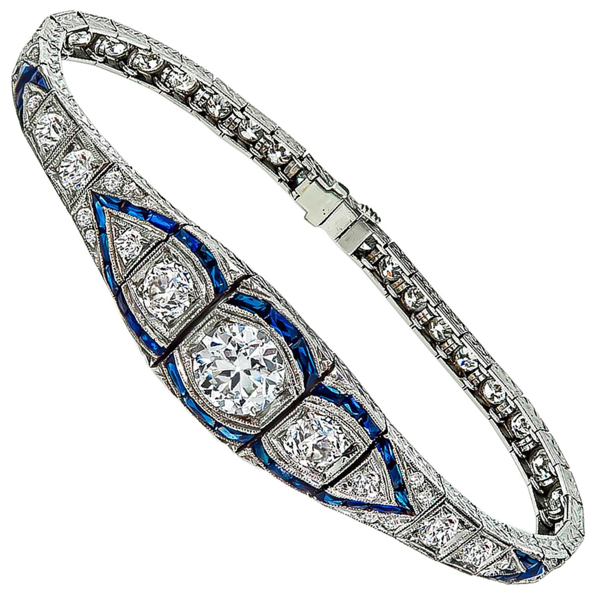 Art Deco GIA Cert 1.63 Center Diamond Sapphire Bracelet For Sale