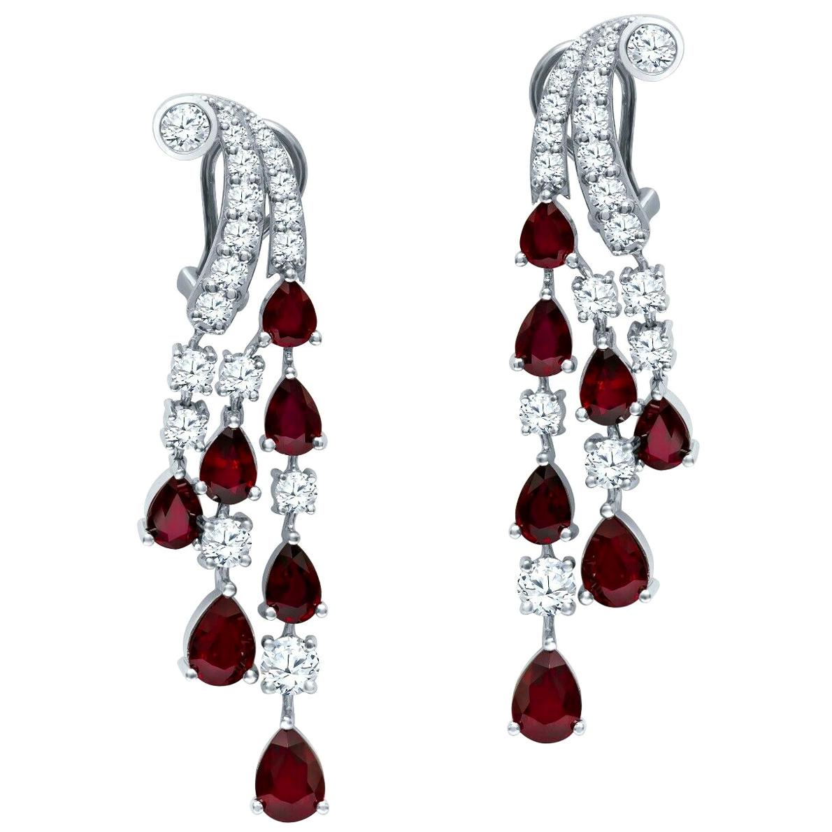 Platinum 9.68 Carat Ruby and Diamond Chandelier Drop Dangle Earrings 22 Grams