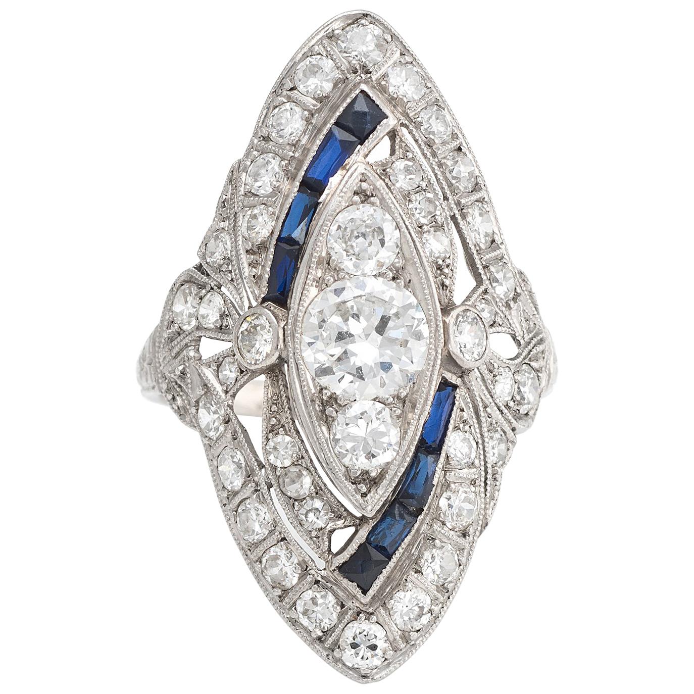 Antique Deco Diamond Sapphire Ring Platinum Navette Cocktail Vintage Jewelry 5.5