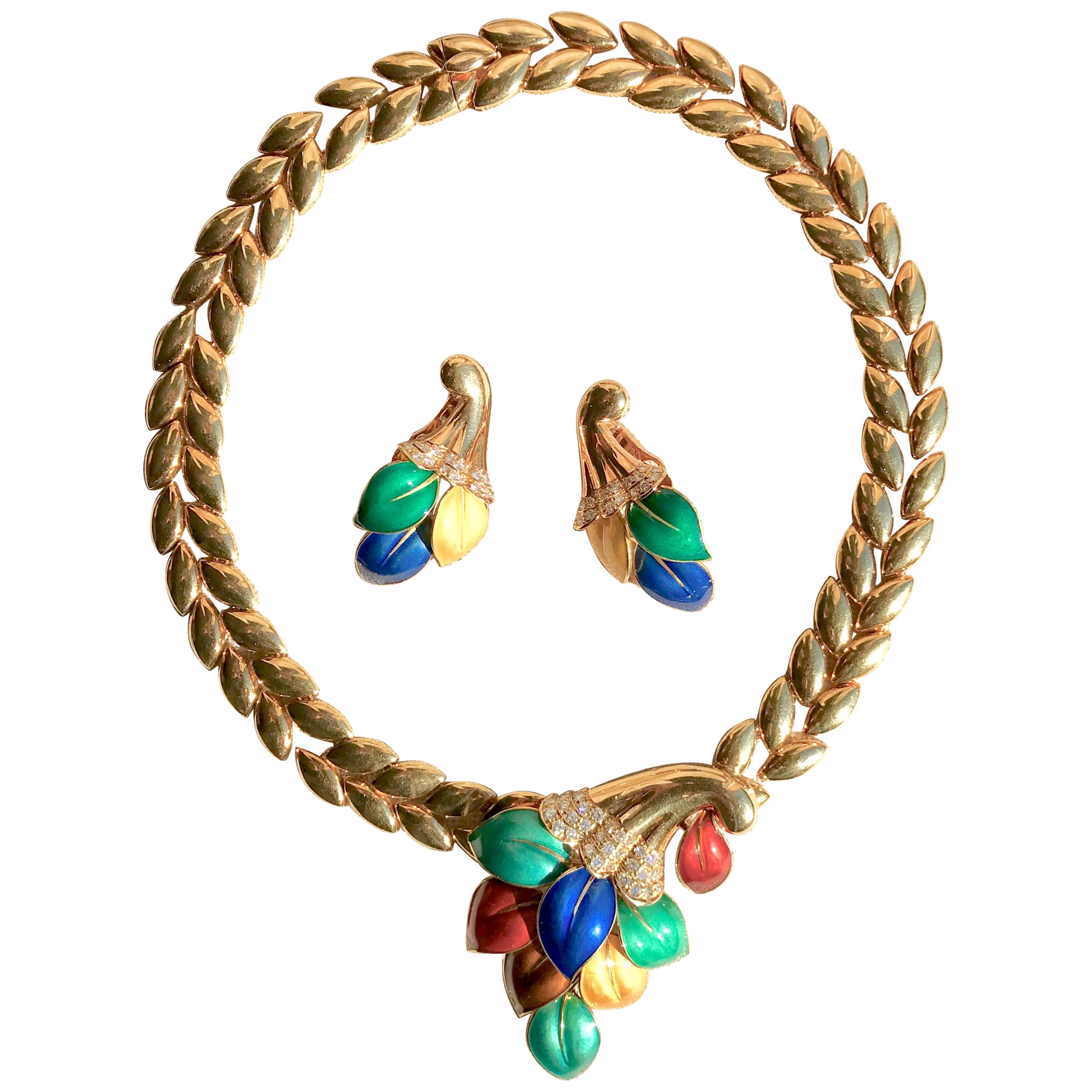 Boucheron 18 Carat Yellow Gold Enamel Necklace and Earrings Set with Diamonds