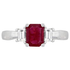 Emerald Cut Ruby and Trapezoid Diamond Three-Stone Ring