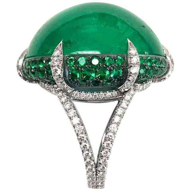 30-ct Cabochon Emerald Diamond Platinum Ring c1960s at 1stdibs