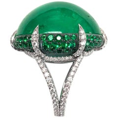 Bayco 47.05 Carat Cabochon Colombian Emerald Diamond Platinum Silver Ring