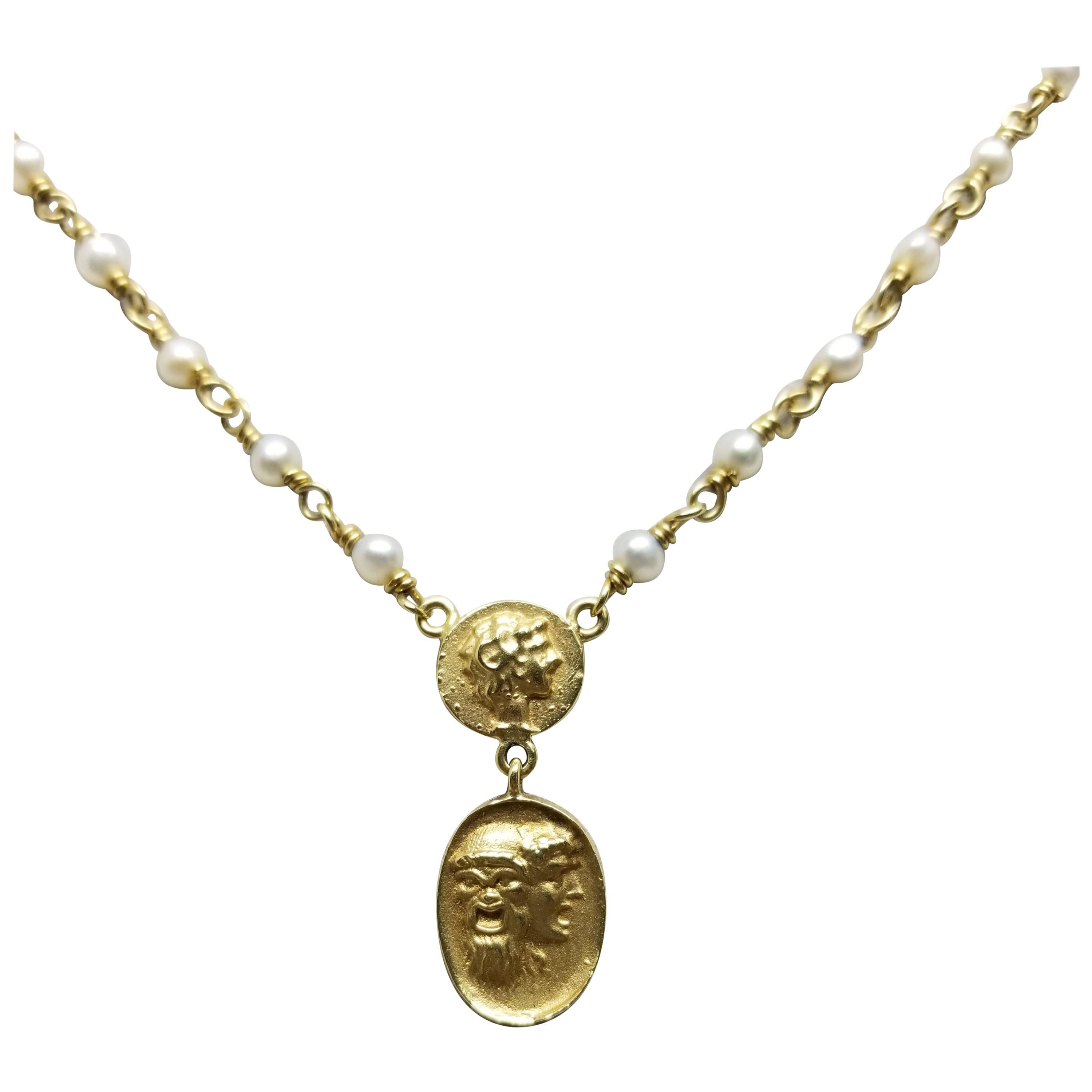 "Roman Coin" Look on 14 Karat Wire and Pearl Necklace