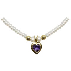 14 Karat Amethyst Heart Necklace on Pearls