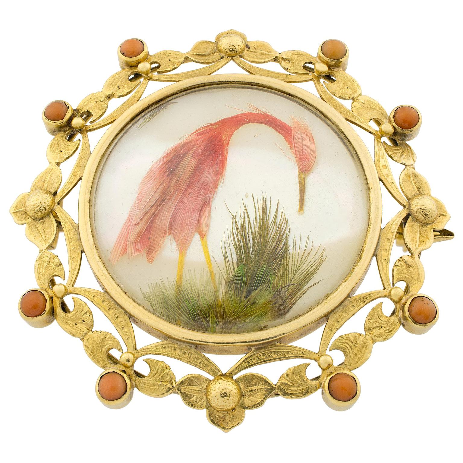 Victorian Coral Mother of Pearl 18 Karat Gold and Feathers Brooch For Sale